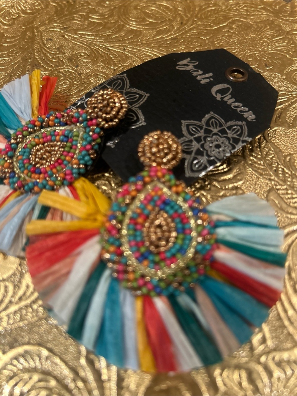 NWT Bali Queen Coral Beaded Fringe Earrings